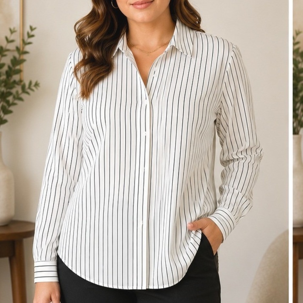 Rachel Zoe White Striped Button Down Top Long Sleeve L Office Preppy Luxury Chic - Picture 1 of 7